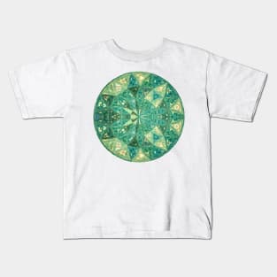 Green Mandala with Abstract Flower Triangle Pattern Kids T-Shirt